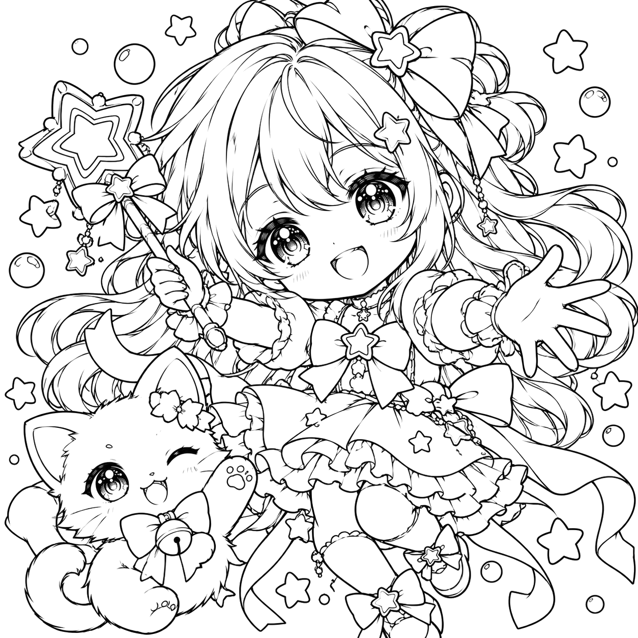 Chibi Magical Girl and Sparkling Cat: anime coloring page with detailed line art to print and color