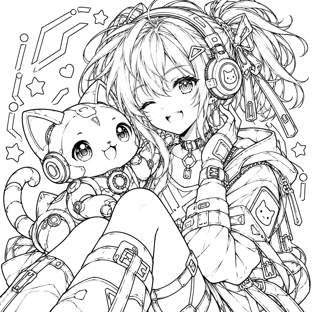 Cyberpunk Girl and Robot Cat Duo: anime coloring page with detailed line art to print and color