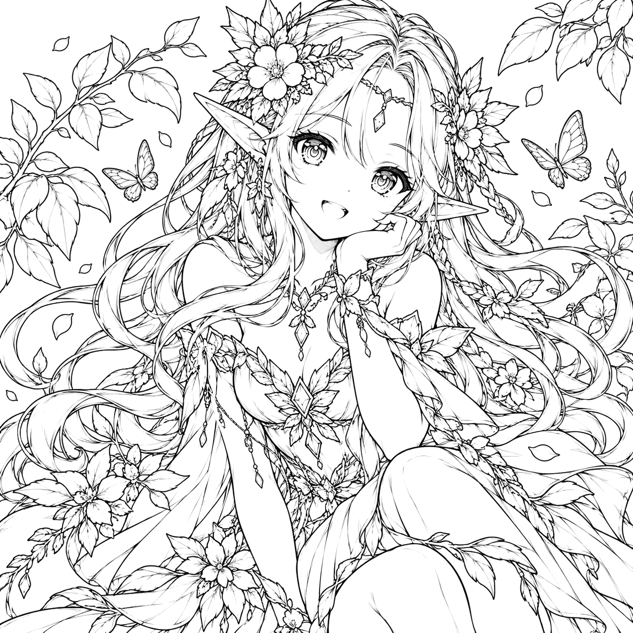 Enchanted Elf Among Blossoms: anime coloring page with detailed line art to print and color