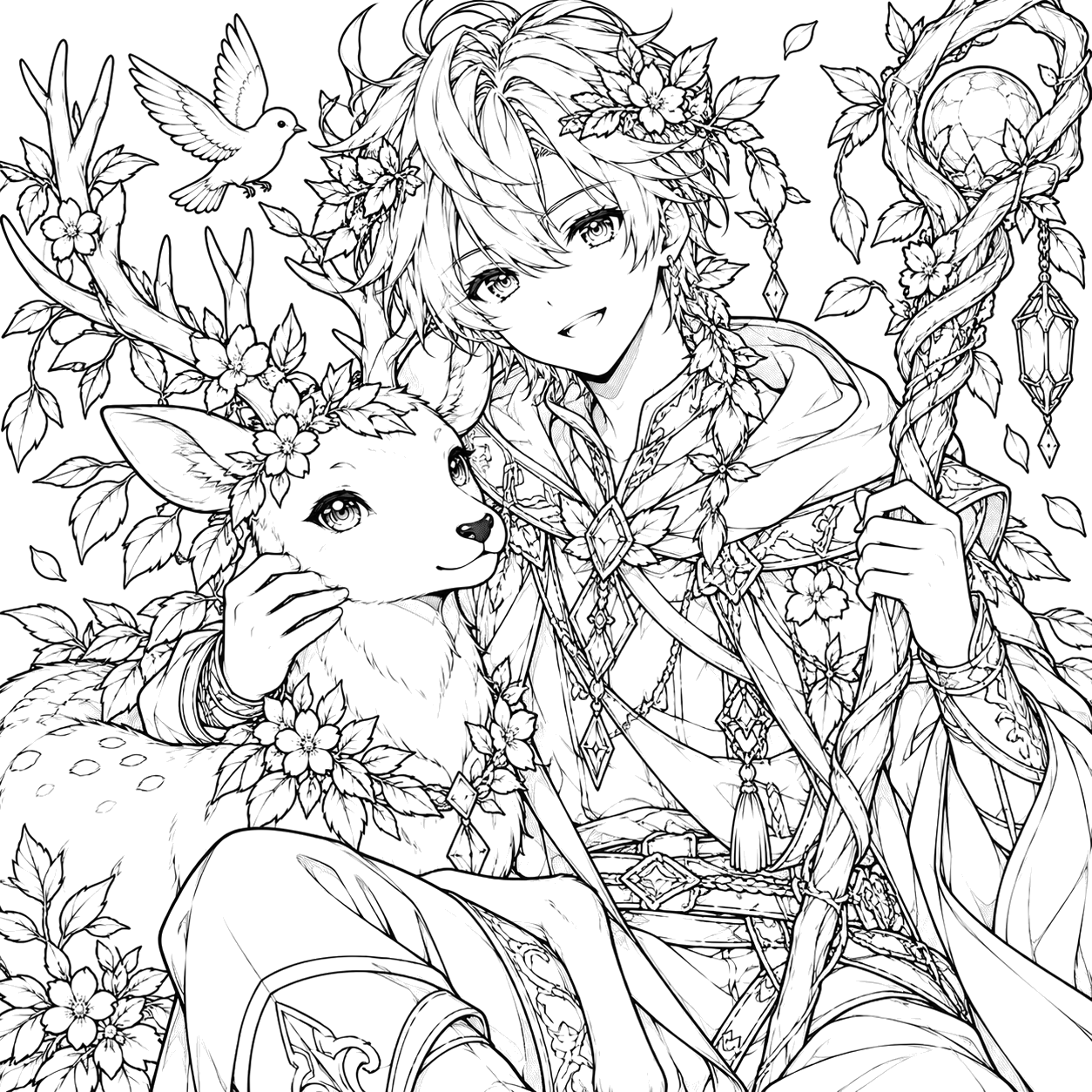 Enchanted Forest Guardian and Deer: anime coloring page with detailed line art to print and color