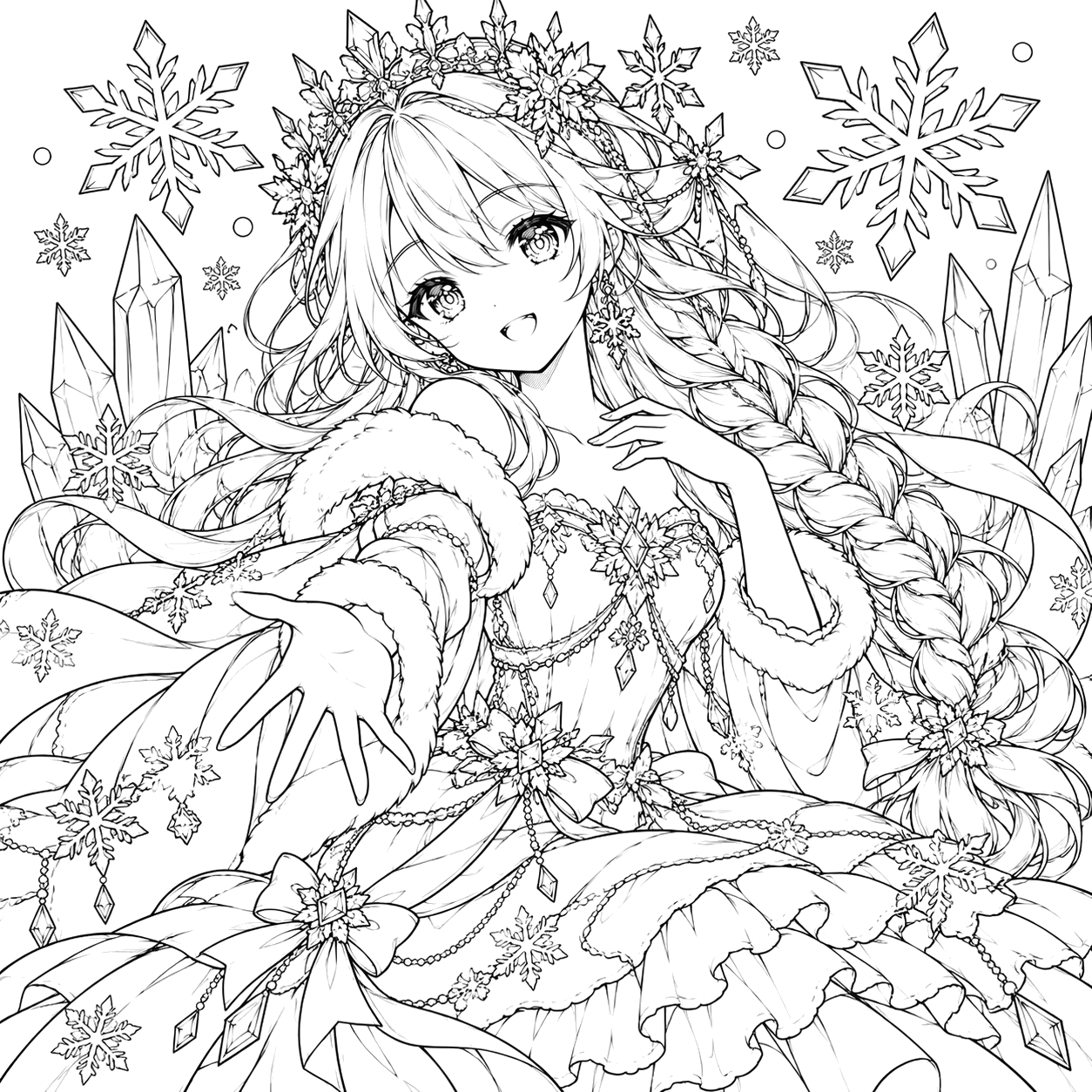 Enchanted Ice Princess: anime coloring page with detailed line art to print and color