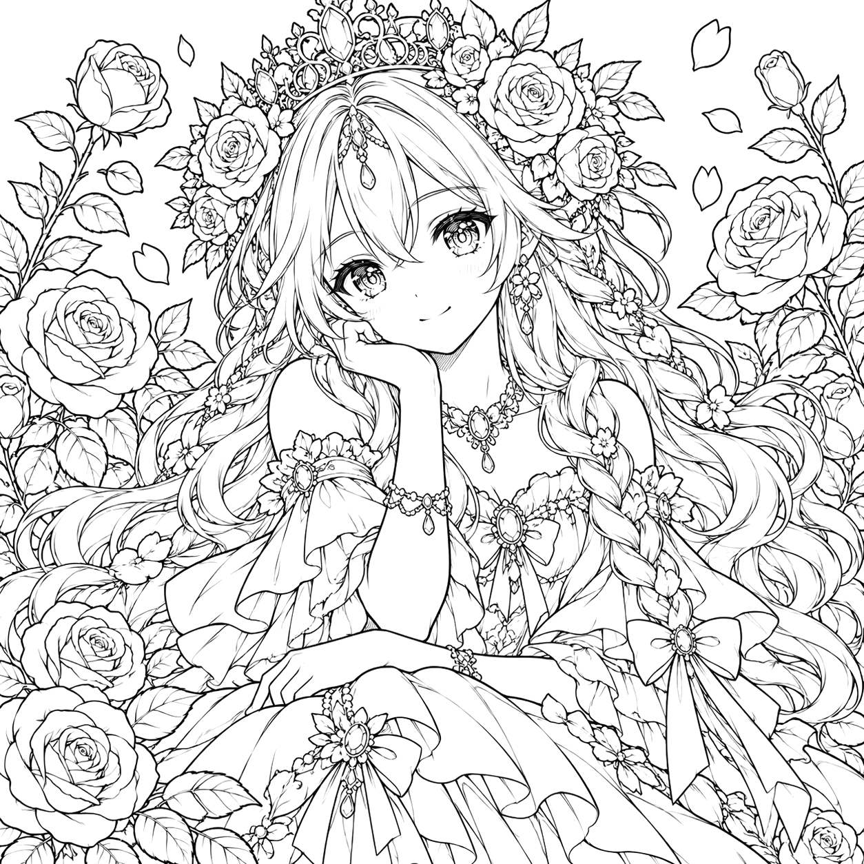 Floral Crown Princess in Bloom: anime coloring page with detailed line art to print and color