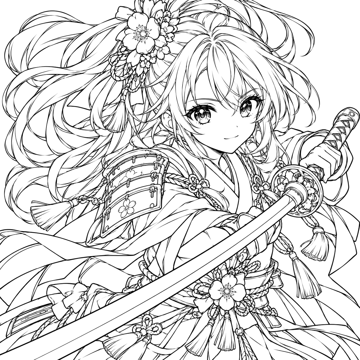 Floral Samurai’s Dynamic Katana Strike: anime coloring page with detailed line art to print and color