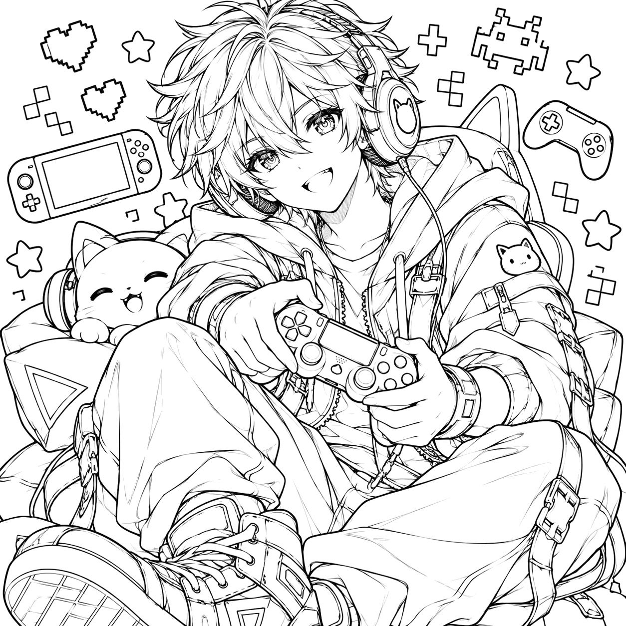 Anime Gamer Boy with Cat Headphones: anime coloring page with detailed line art to print and color