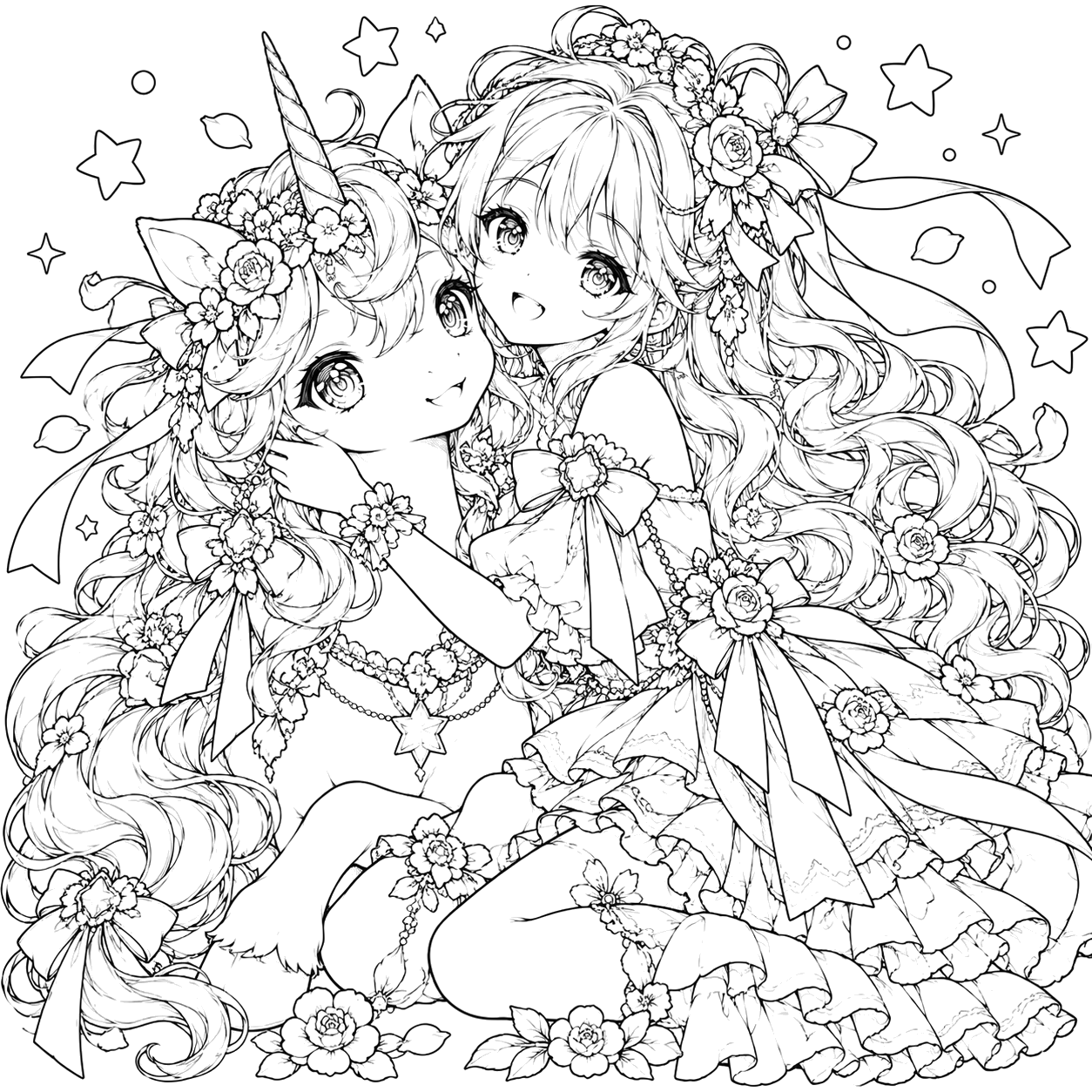 Anime Girl and Unicorn Floral Embrace: anime coloring page with detailed line art to print and color