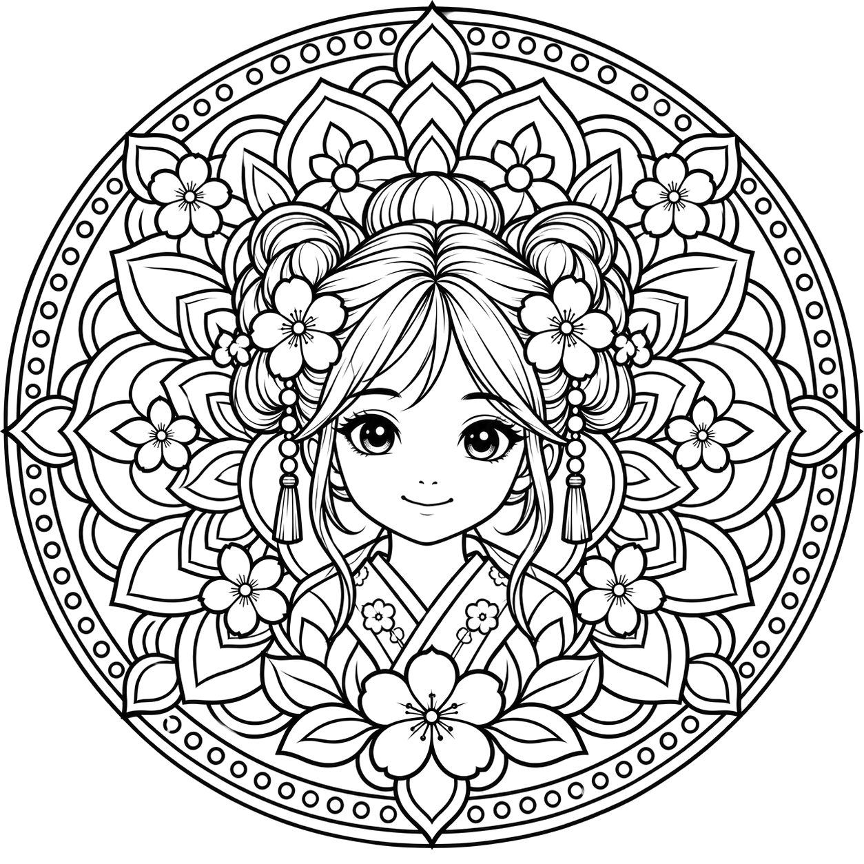 Anime Girl Lotus Mandala coloring page with intricate patterns to print and color