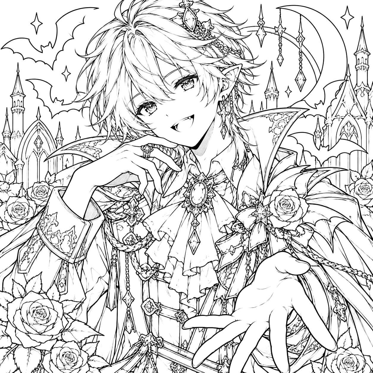 Gothic Vampire Prince Under Moonlight: anime coloring page with detailed line art to print and color