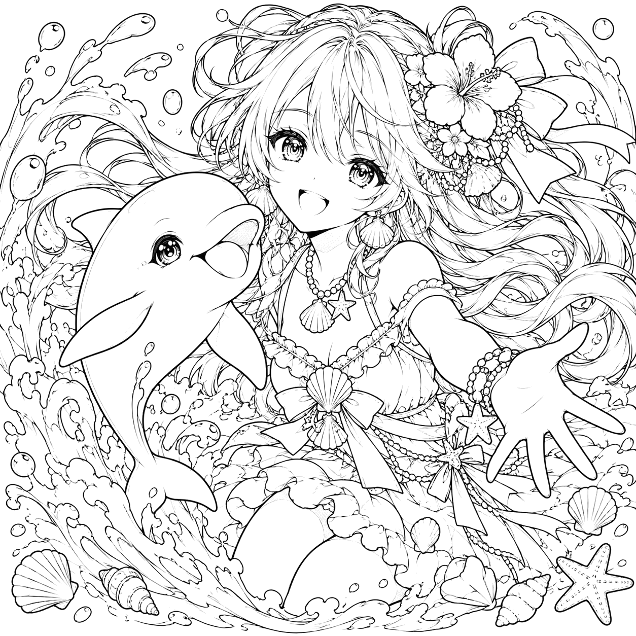 Joyful Mermaid and Dolphin Splash: anime coloring page with detailed line art to print and color