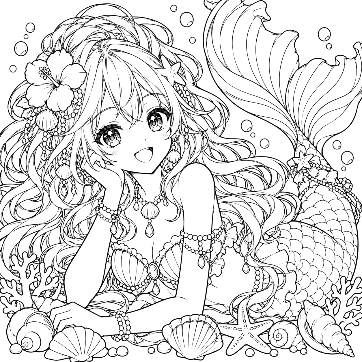 Joyful Mermaid Underwater: anime coloring page with detailed line art to print and color