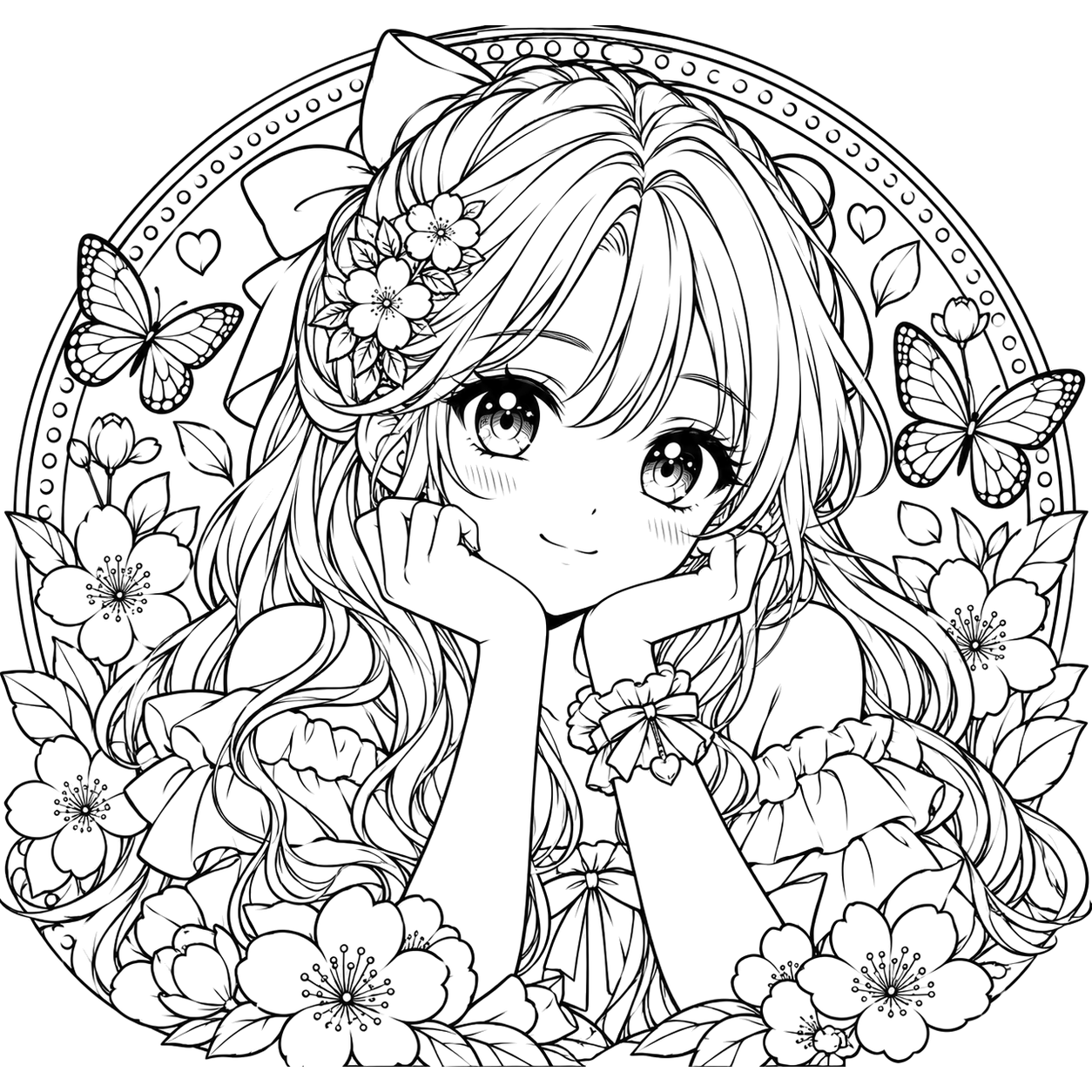 Kawaii Floral Frame Portrait: anime coloring page with detailed line art to print and color