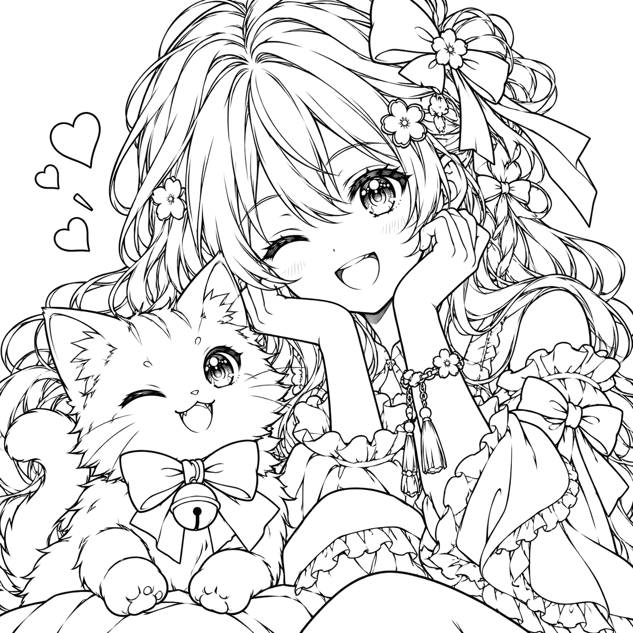 Kawaii Girl and Winking Cat Duo: anime coloring page with detailed line art to print and color