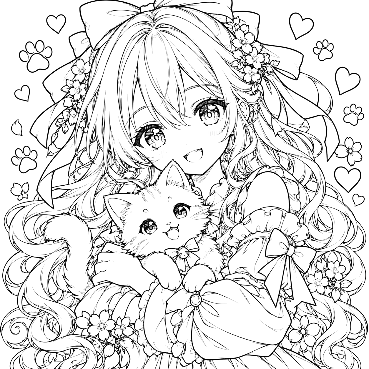 Kawaii Girl Hugging a Kitten: anime coloring page with detailed line art to print and color