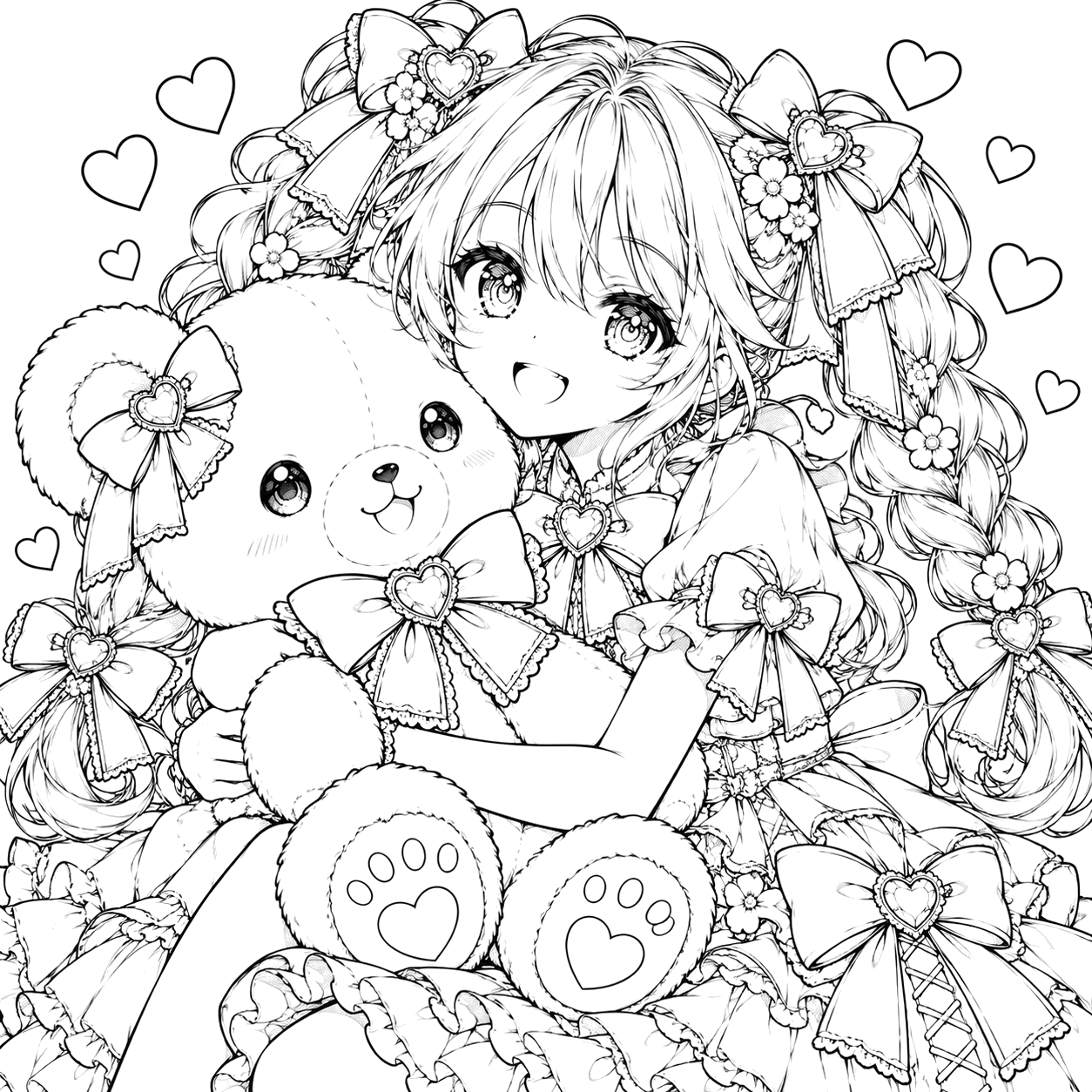 Kawaii Girl Hugging Heart-Bow Teddy Bear: anime coloring page with detailed line art to print and color