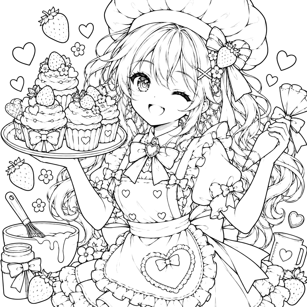 Kawaii Strawberry Bakery Chef: anime coloring page with detailed line art to print and color