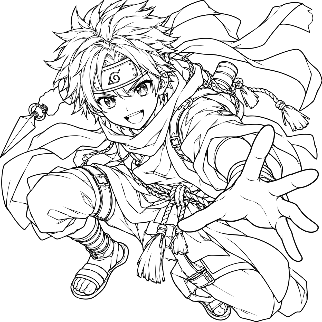 Leaping Ninja with Flowing Ribbons: anime coloring page with detailed line art to print and color