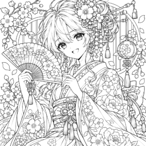 Ornate Kimono Girl Under Blossoms: anime coloring page with detailed line art to print and color