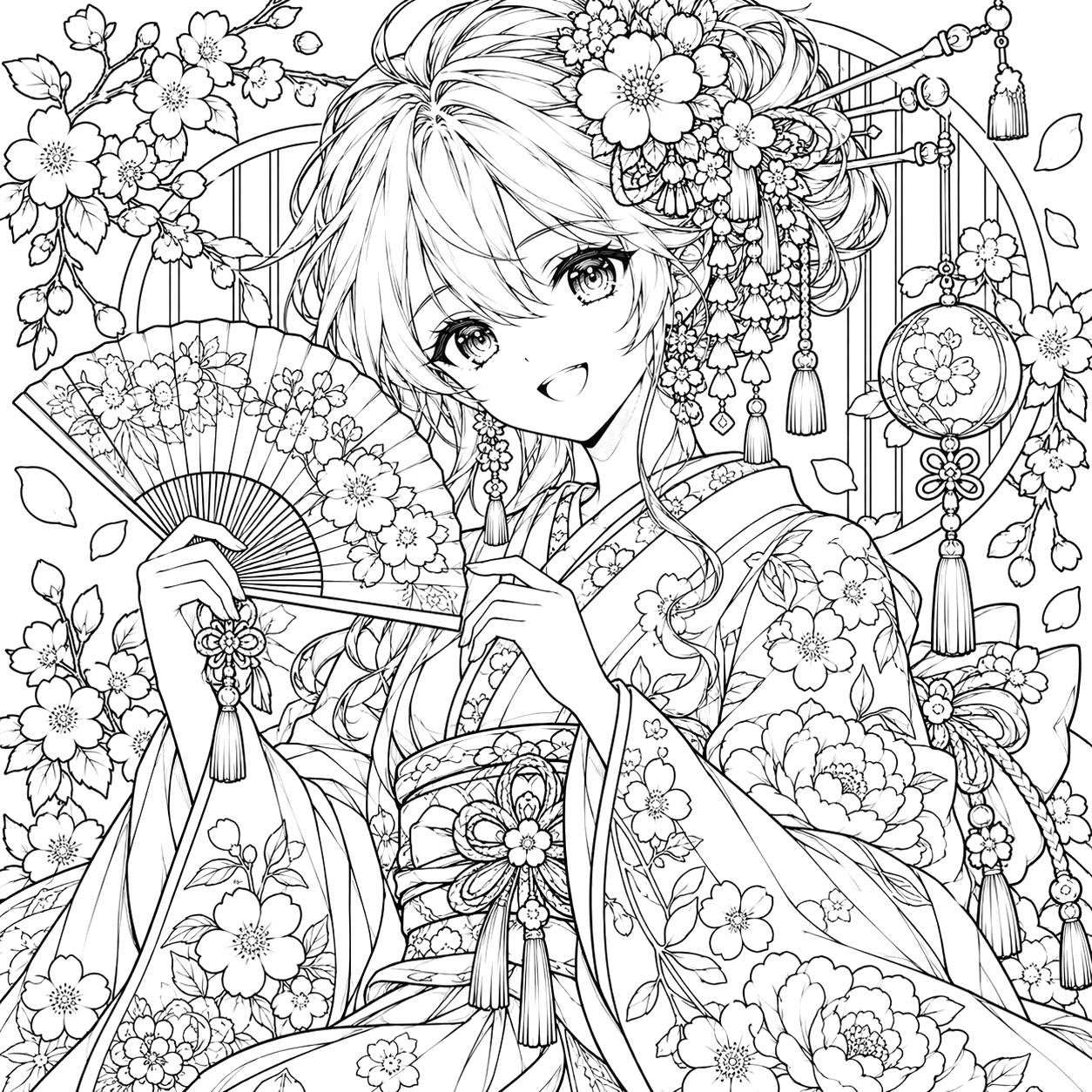 Ornate Kimono Girl Under Blossoms: anime coloring page with detailed line art to print and color