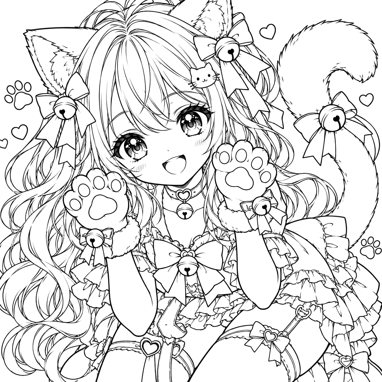 Playful Catgirl Paw Pose: anime coloring page with detailed line art to print and color