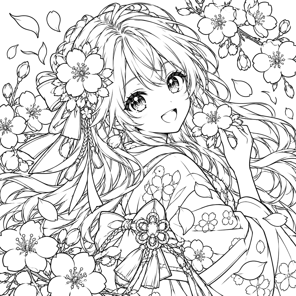 Sakura Breeze Kimono Portrait: anime coloring page with detailed line art to print and color