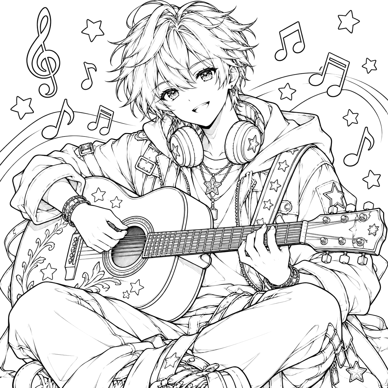 Starry Guitarist in Musical Motion: anime coloring page with detailed line art to print and color
