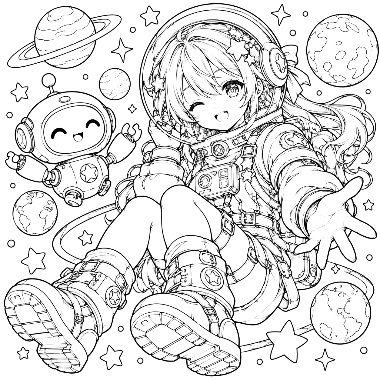 Starry Space Adventure Duo: anime coloring page with detailed line art to print and color
