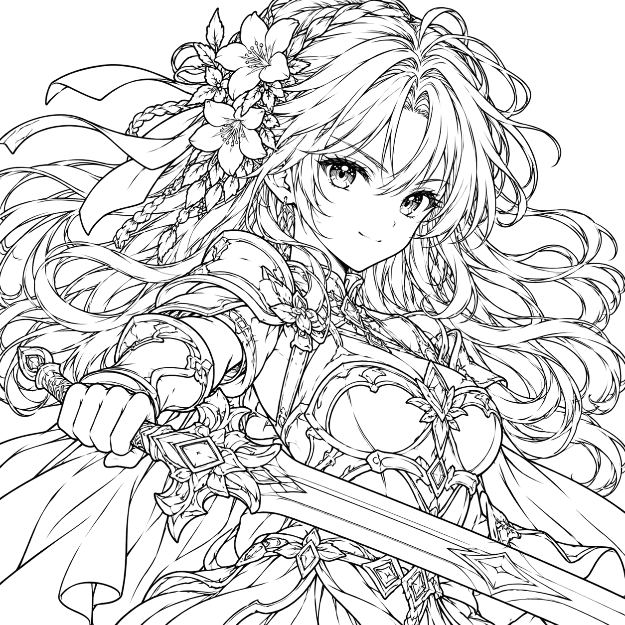 Windblown Floral Swordmaster: anime coloring page with detailed line art to print and color