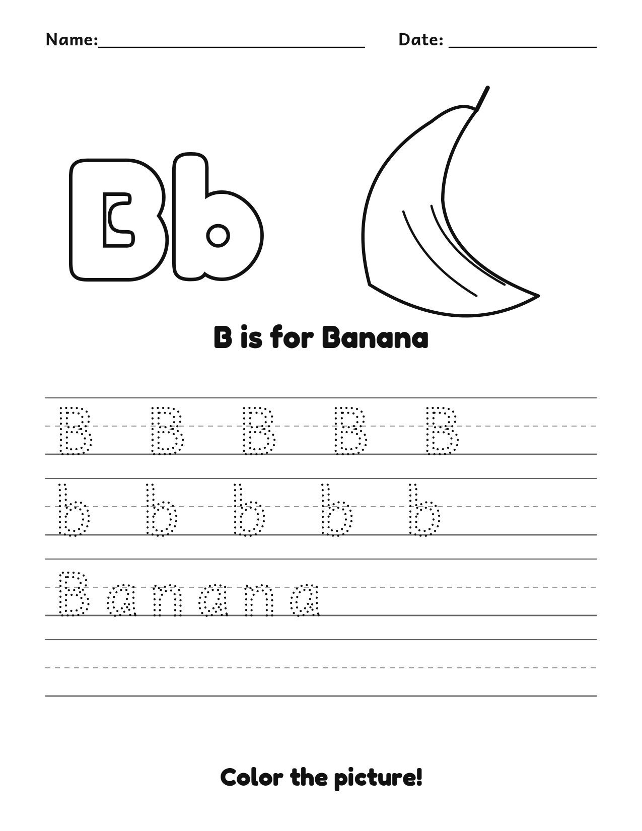 B is for Banana fruit and vegetable tracing worksheet with a banana picture and writing lines