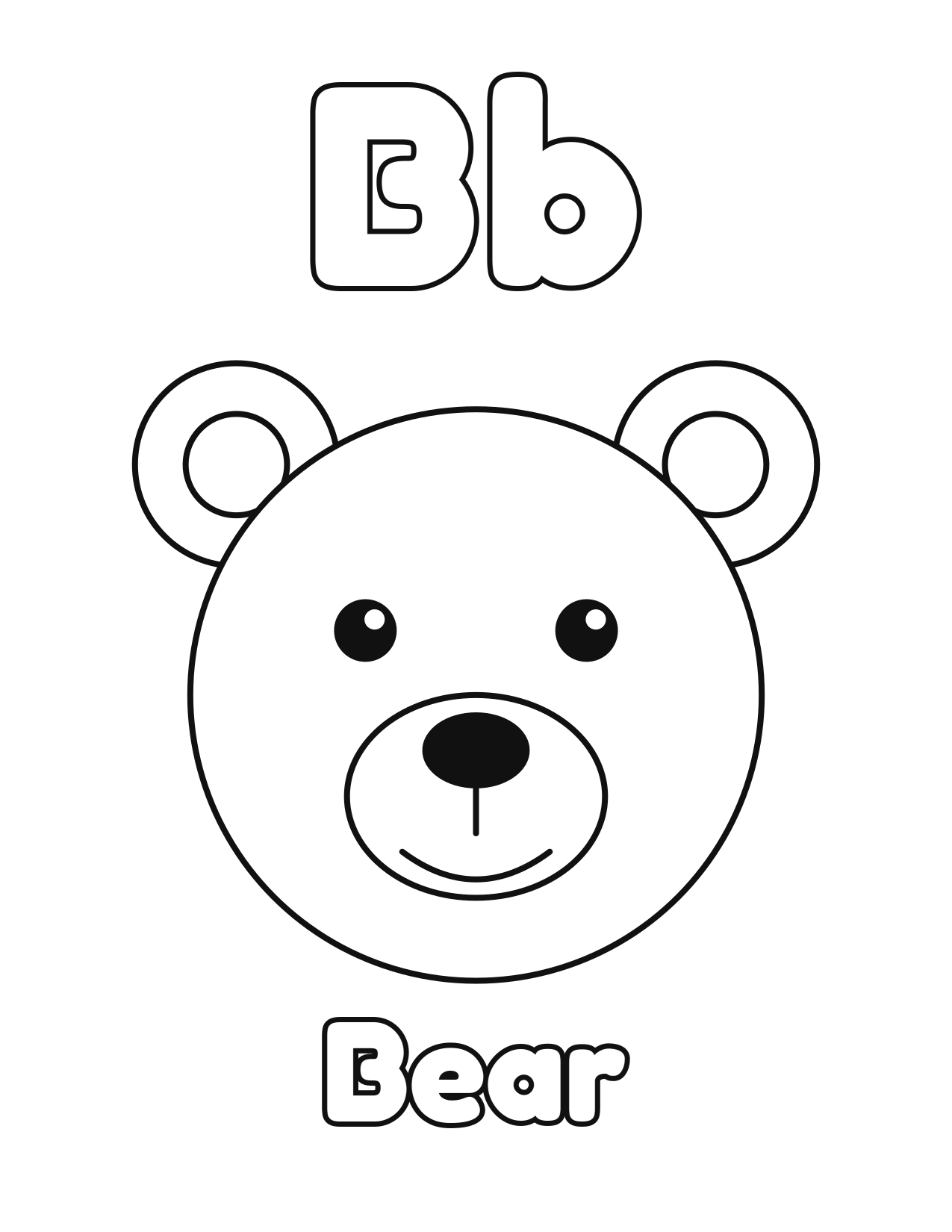 B is for Bear animal alphabet coloring page with a cute bear to color