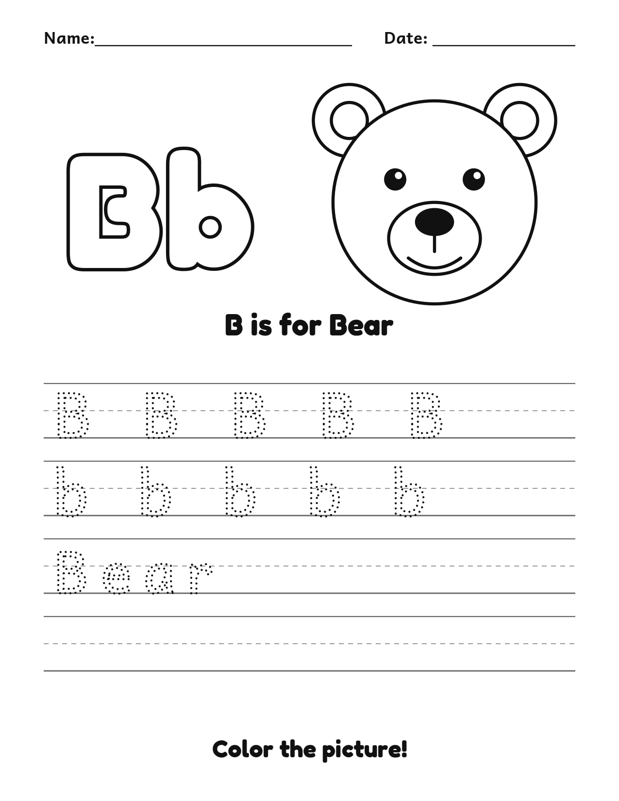 B is for Bear animal alphabet tracing worksheet with a bear picture and writing lines