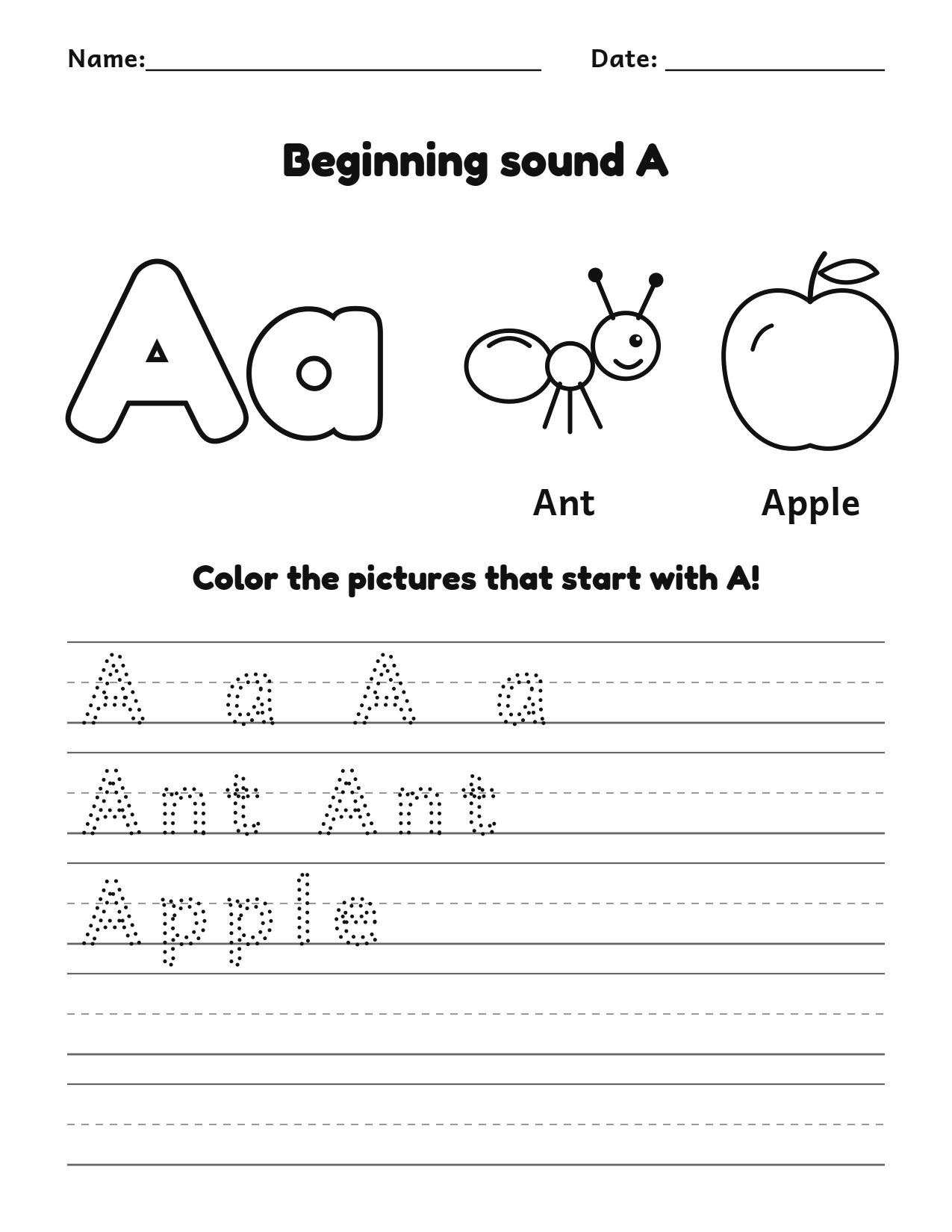 Beginning sound A alphabet worksheet with ant and apple pictures to color and trace