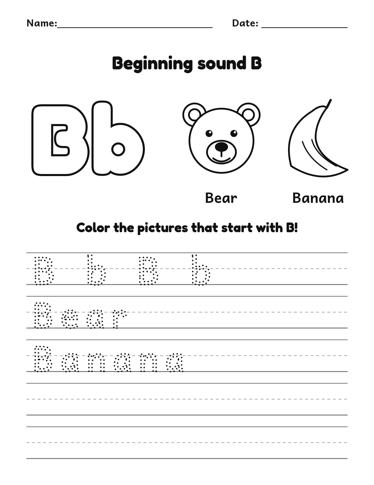 Beginning sound B alphabet worksheet with bear and banana pictures to color and trace