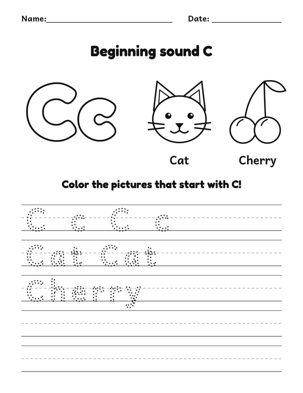 Beginning sound C alphabet worksheet with cat and cherry pictures to color and trace