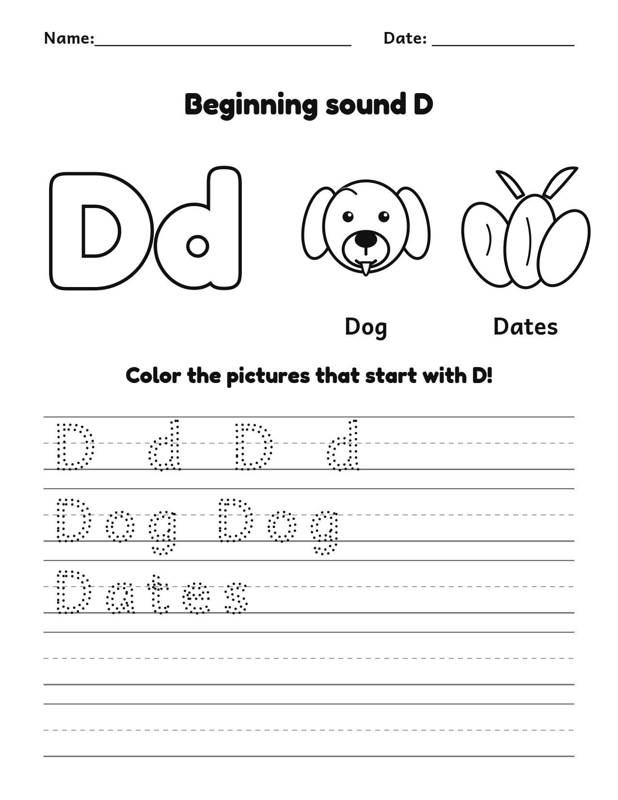 Beginning sound D alphabet worksheet with dog and dates pictures to color and trace
