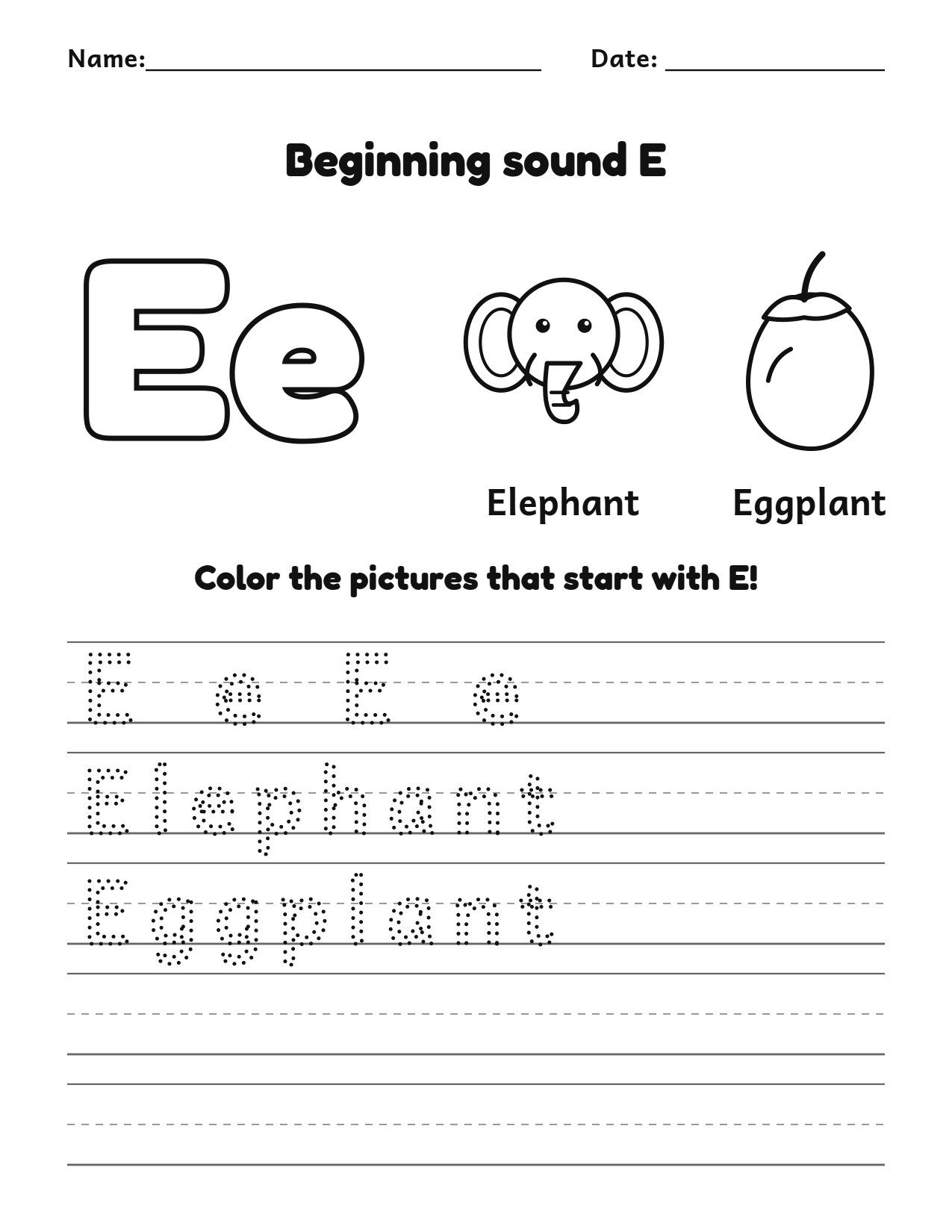 Beginning sound E alphabet worksheet with elephant and eggplant pictures to color and trace