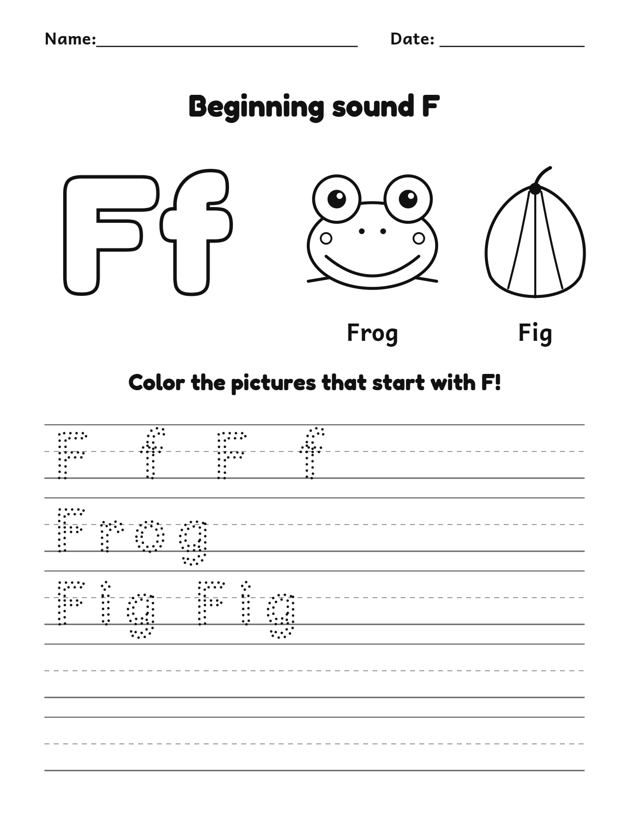 Beginning sound F alphabet worksheet with frog and fig pictures to color and trace