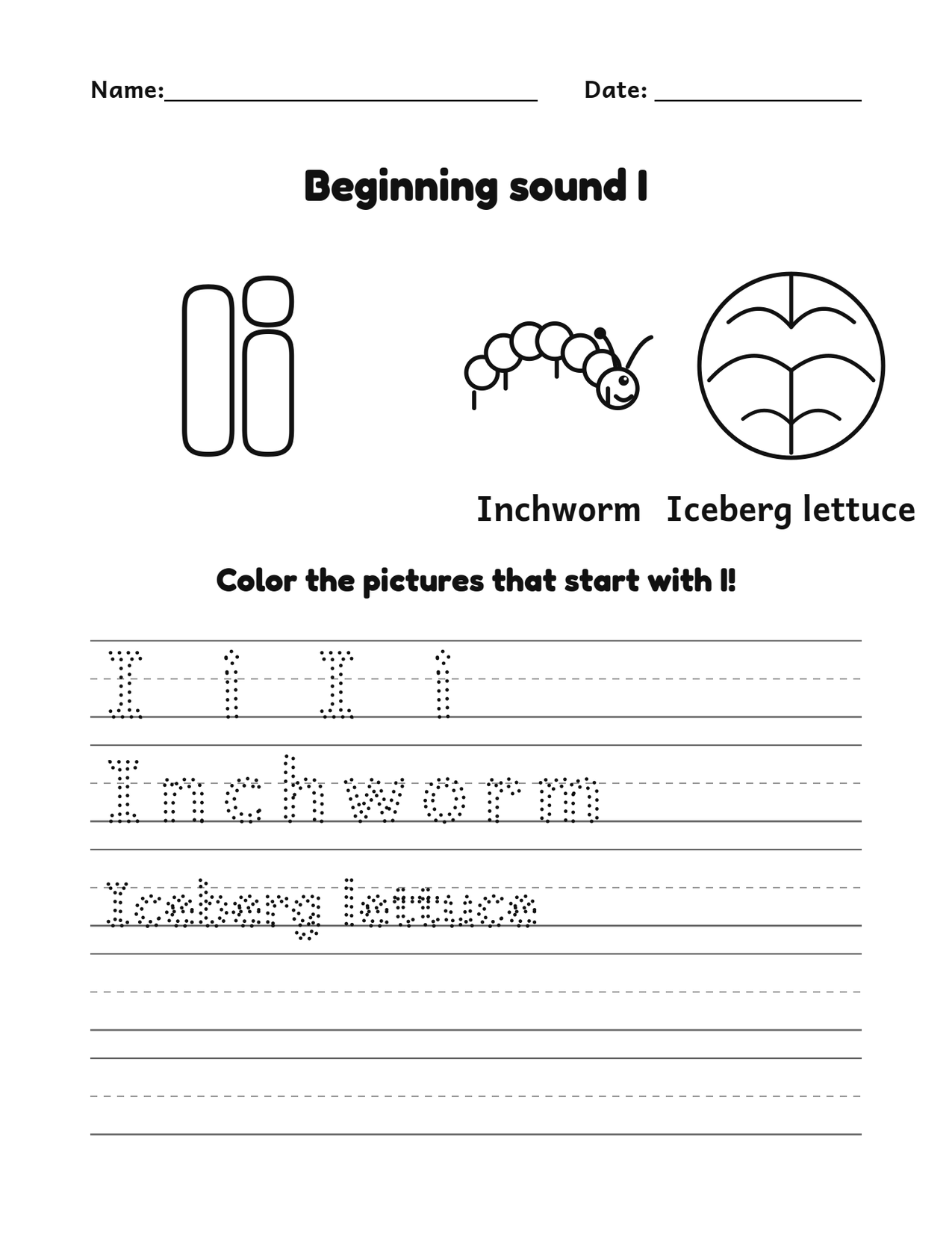 Beginning sound I alphabet worksheet with inchworm and iceberg lettuce pictures to color and trace