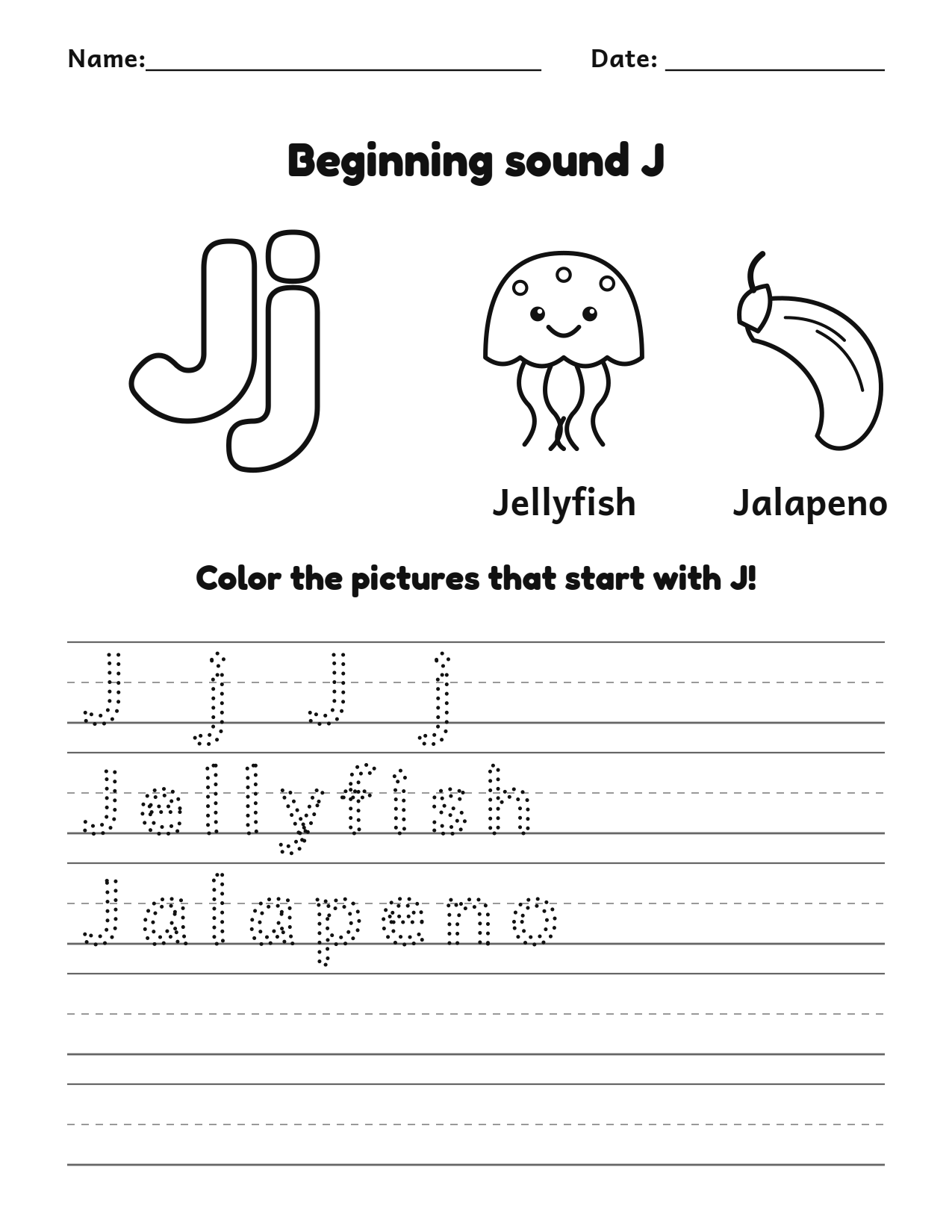 Beginning sound J alphabet worksheet with jellyfish and jalapeno pictures to color and trace