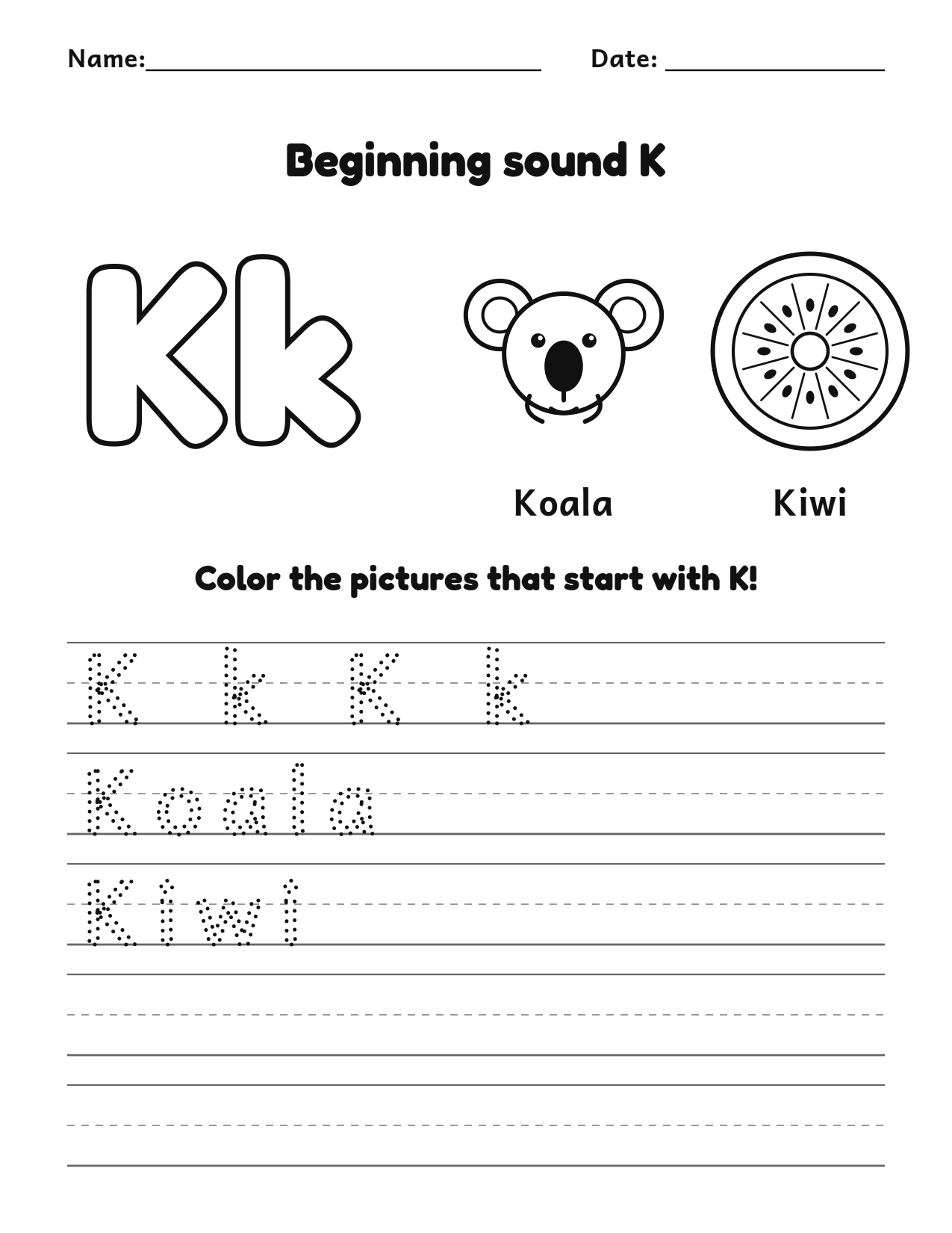Beginning sound K alphabet worksheet with koala and kiwi pictures to color and trace
