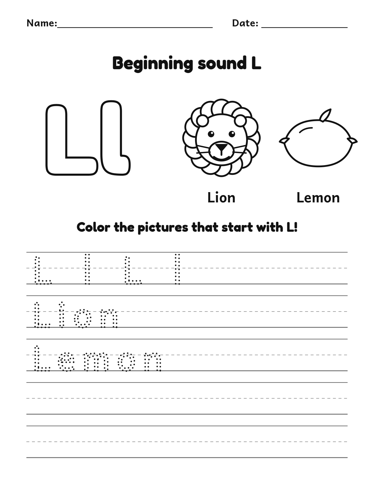 Beginning sound L alphabet worksheet with lion and lemon pictures to color and trace