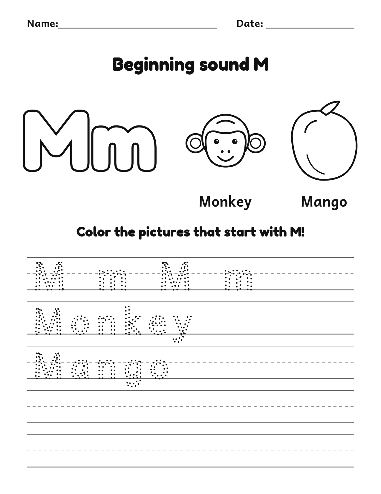 Beginning sound M alphabet worksheet with monkey and mango pictures to color and trace