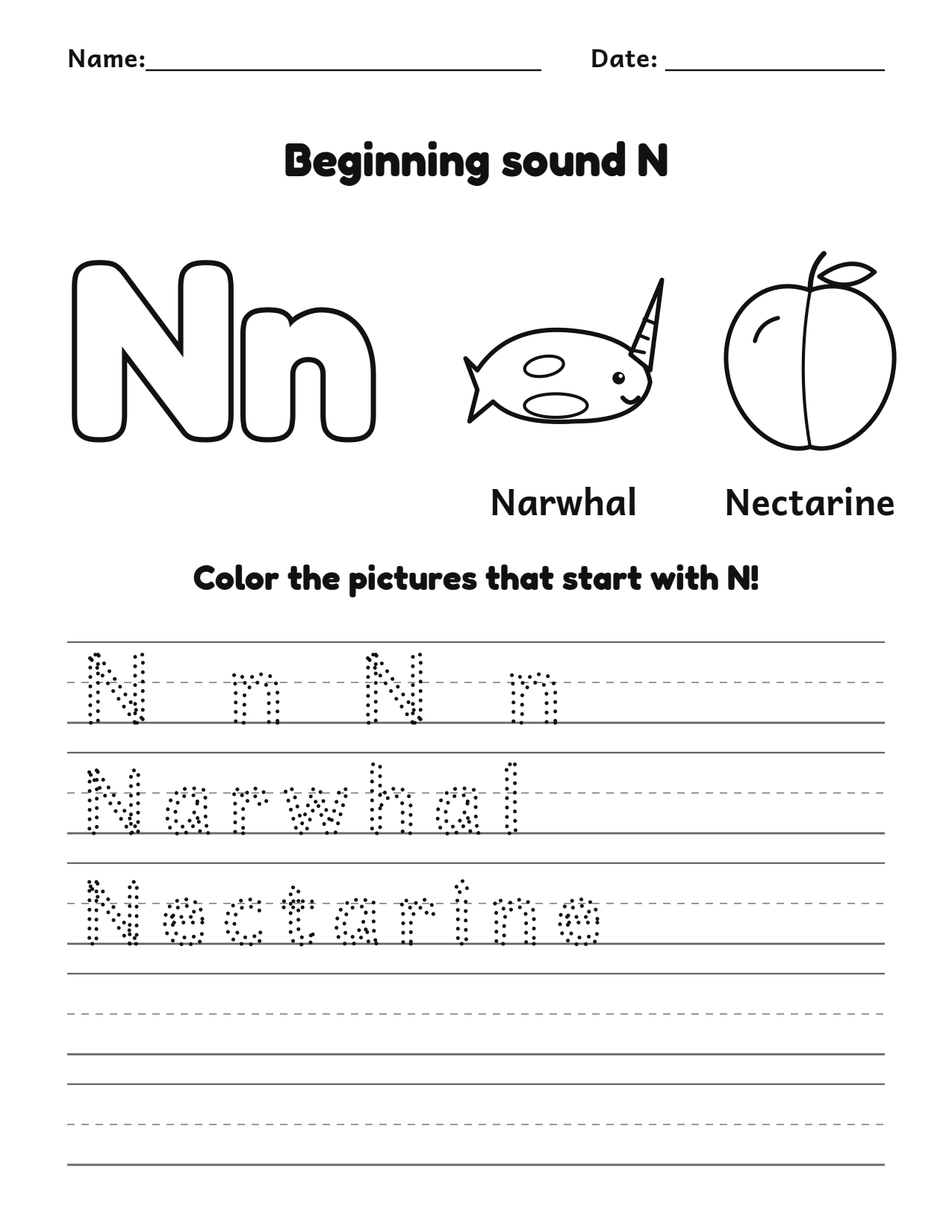 Beginning sound N alphabet worksheet with narwhal and nectarine pictures to color and trace
