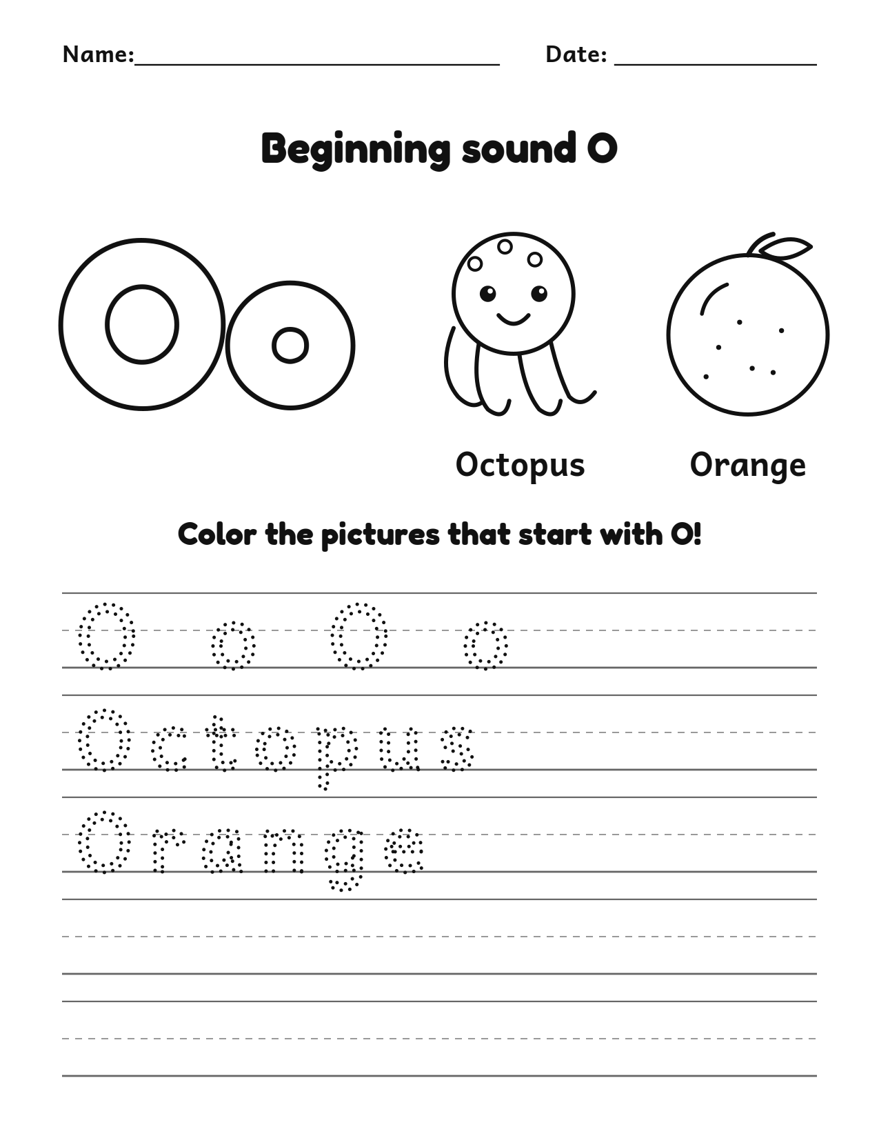 Beginning sound O alphabet worksheet with octopus and orange pictures to color and trace