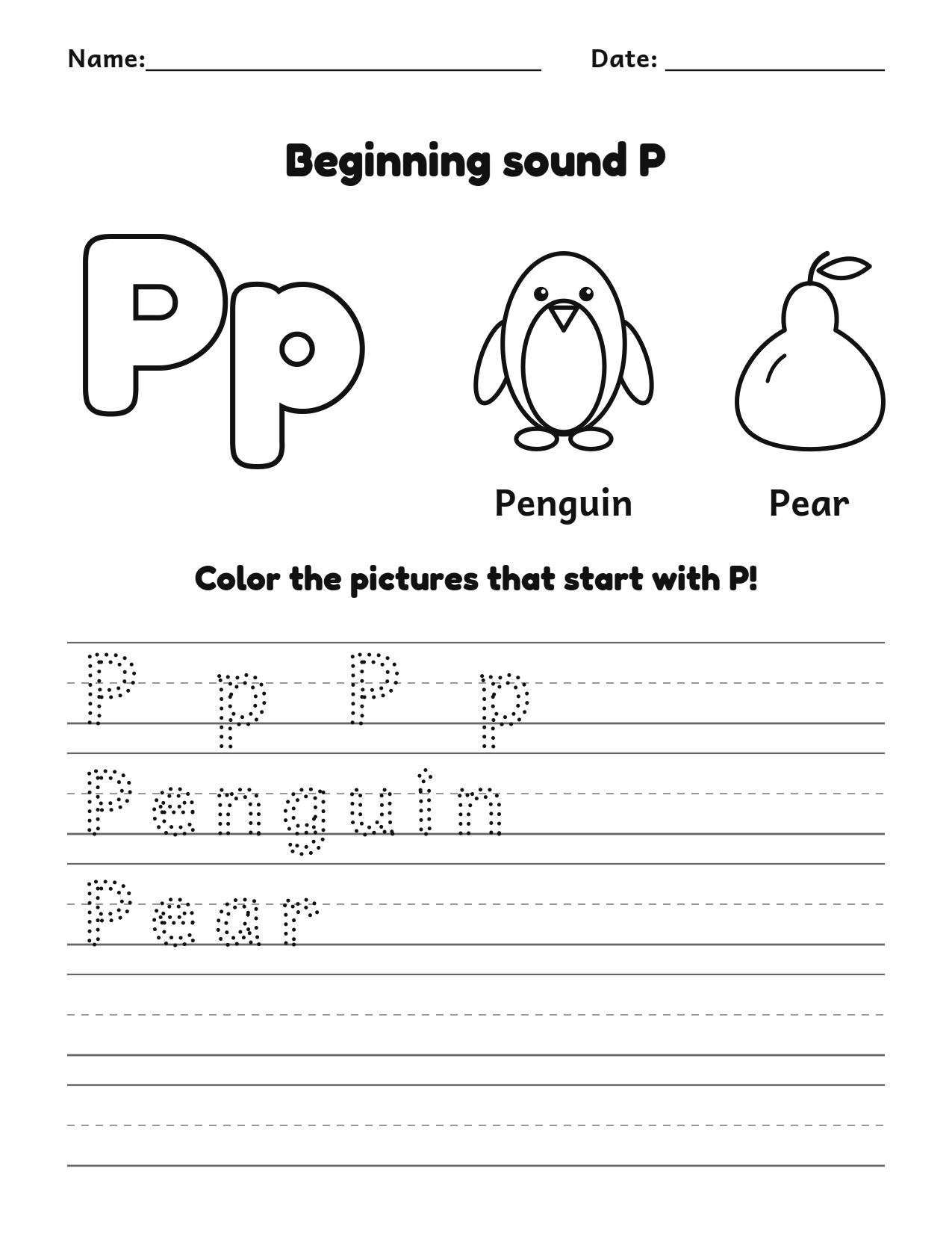 Beginning sound P alphabet worksheet with penguin and pear pictures to color and trace