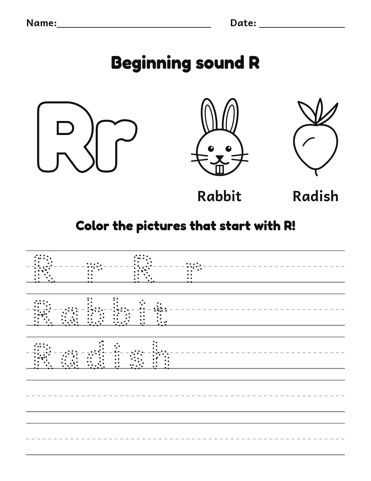 Beginning sound R alphabet worksheet with rabbit and radish pictures to color and trace
