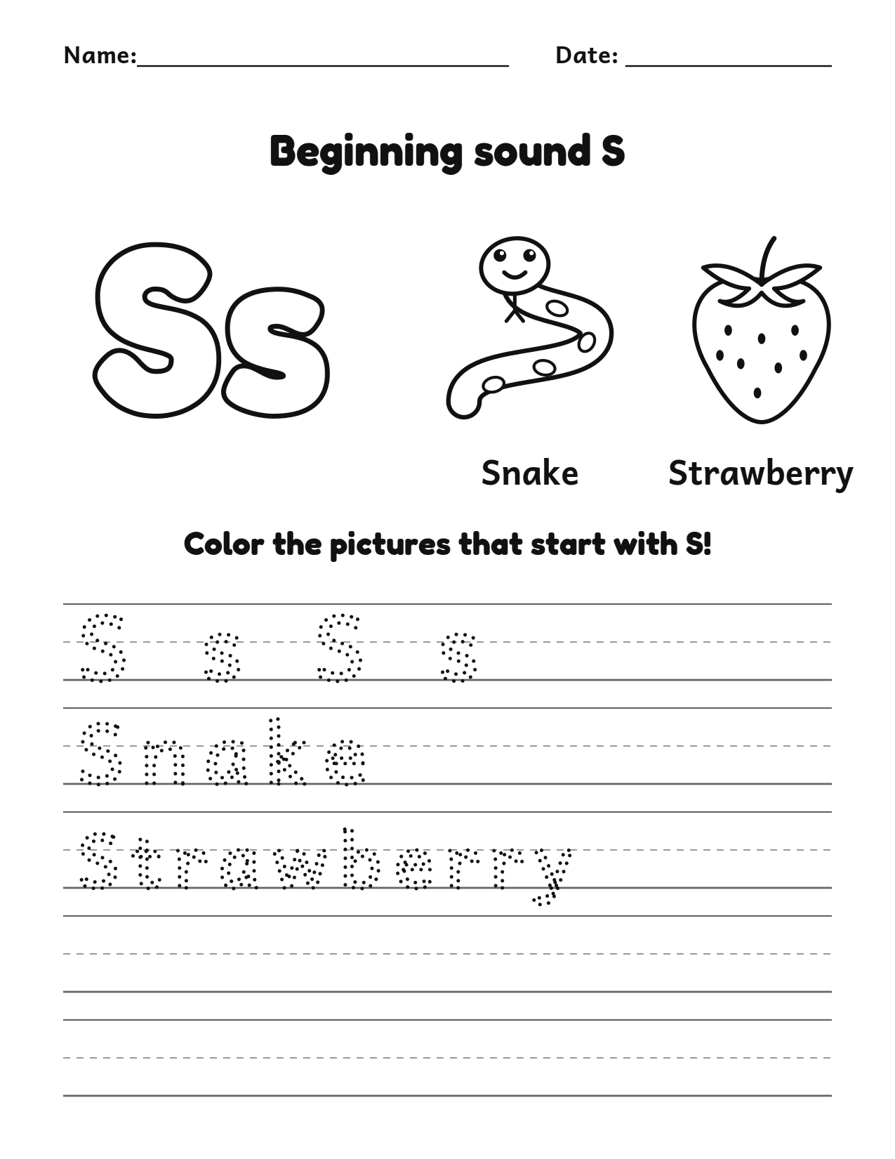 Beginning sound S alphabet worksheet with snake and strawberry pictures to color and trace