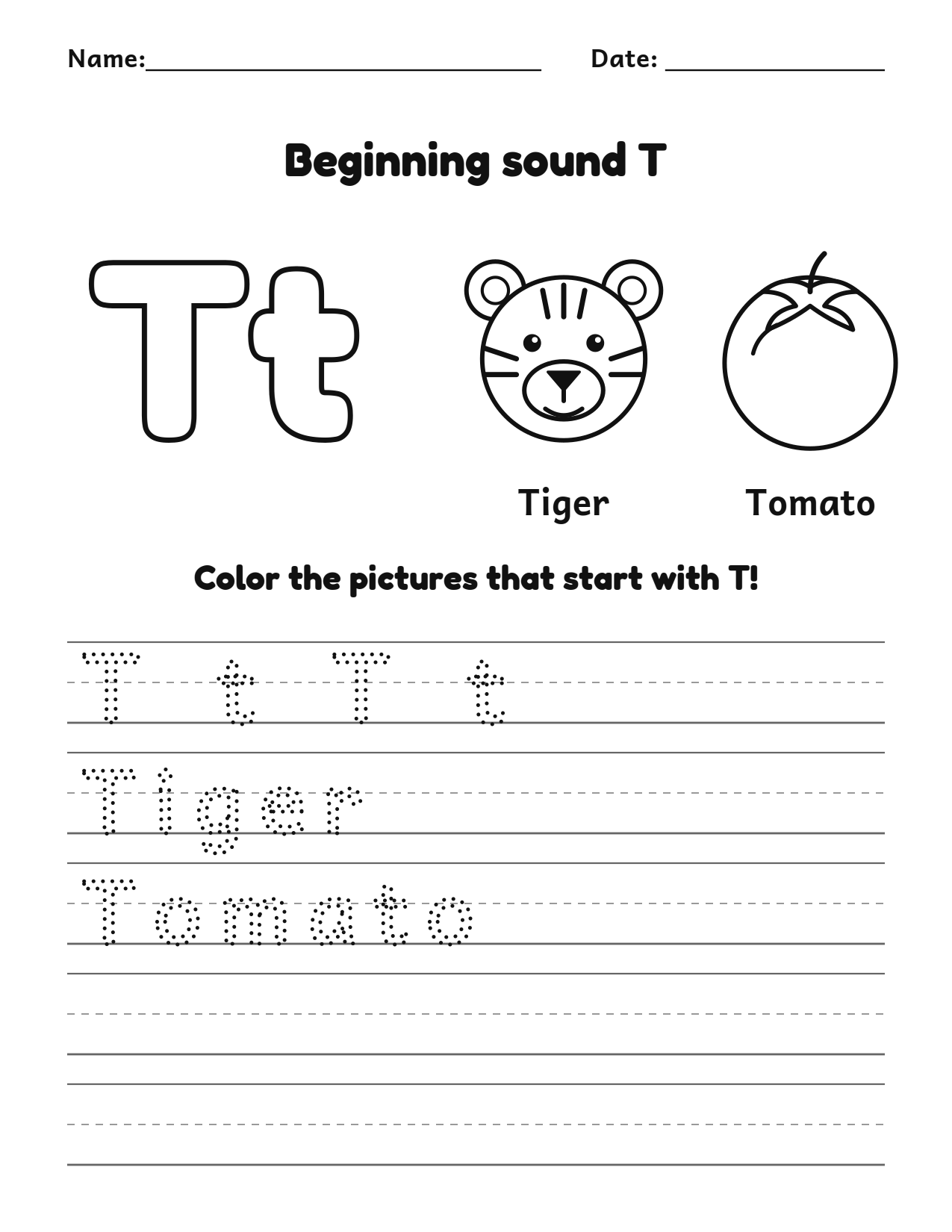 Beginning sound T alphabet worksheet with tiger and tomato pictures to color and trace