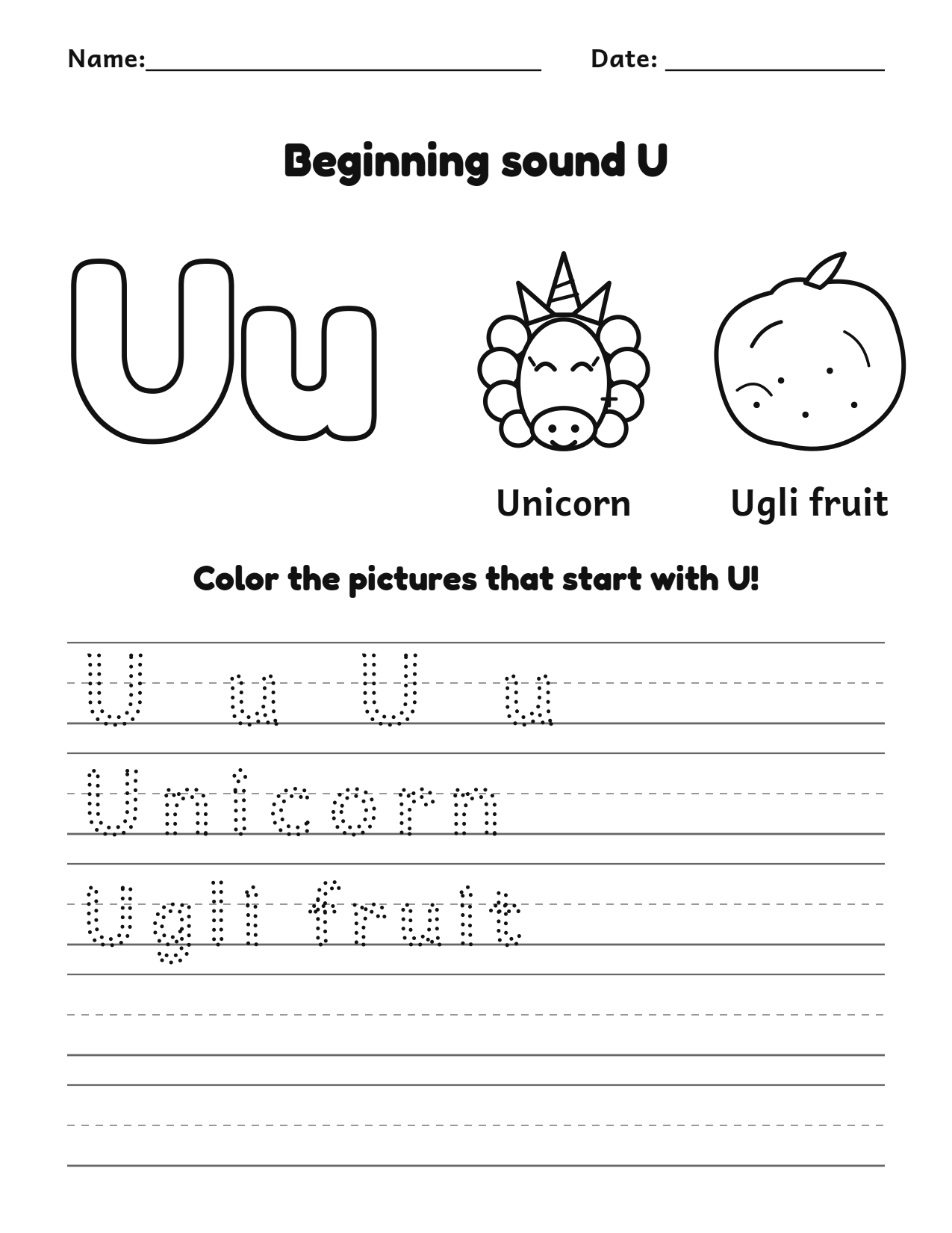 Beginning sound U alphabet worksheet with unicorn and ugli fruit pictures to color and trace