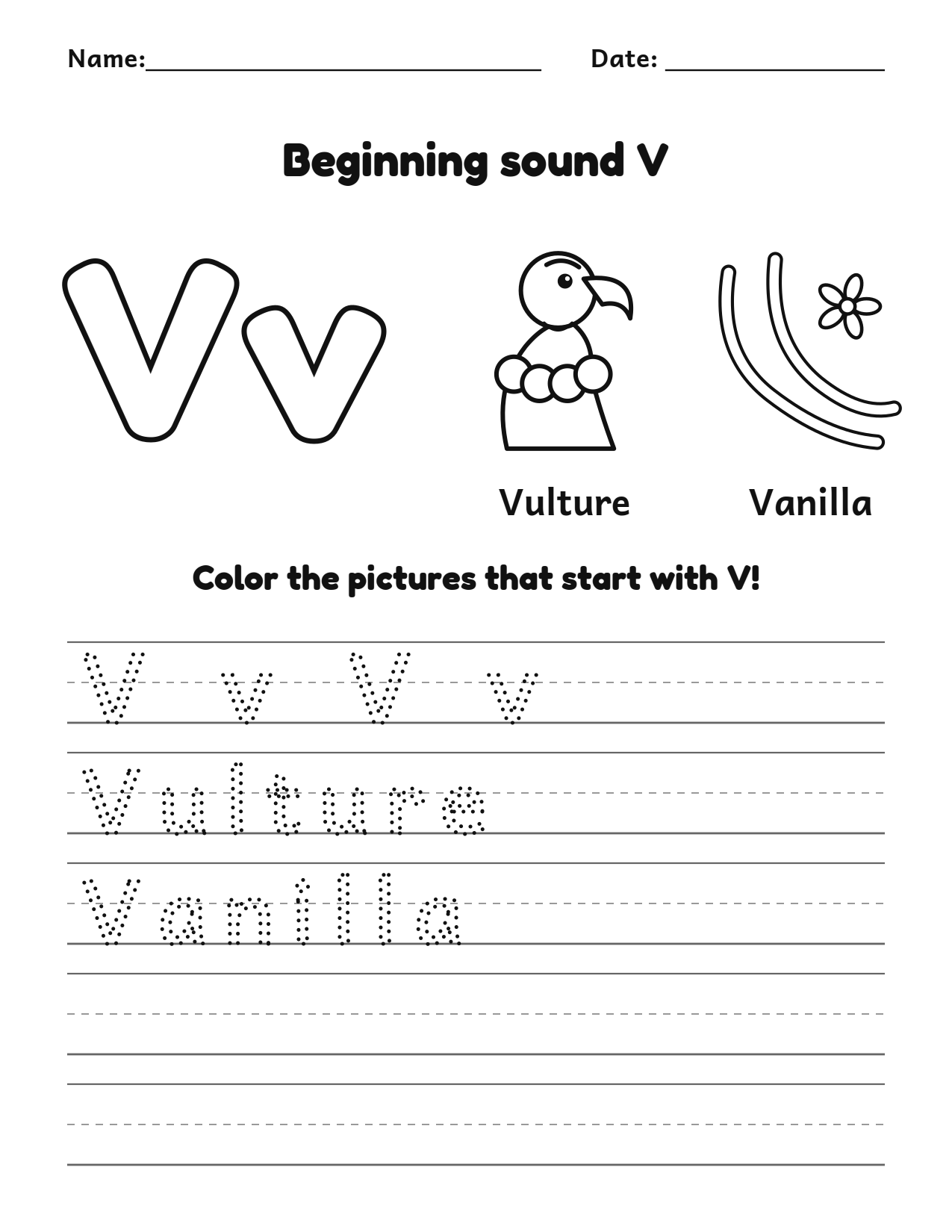 Beginning sound V alphabet worksheet with vulture and vanilla pictures to color and trace