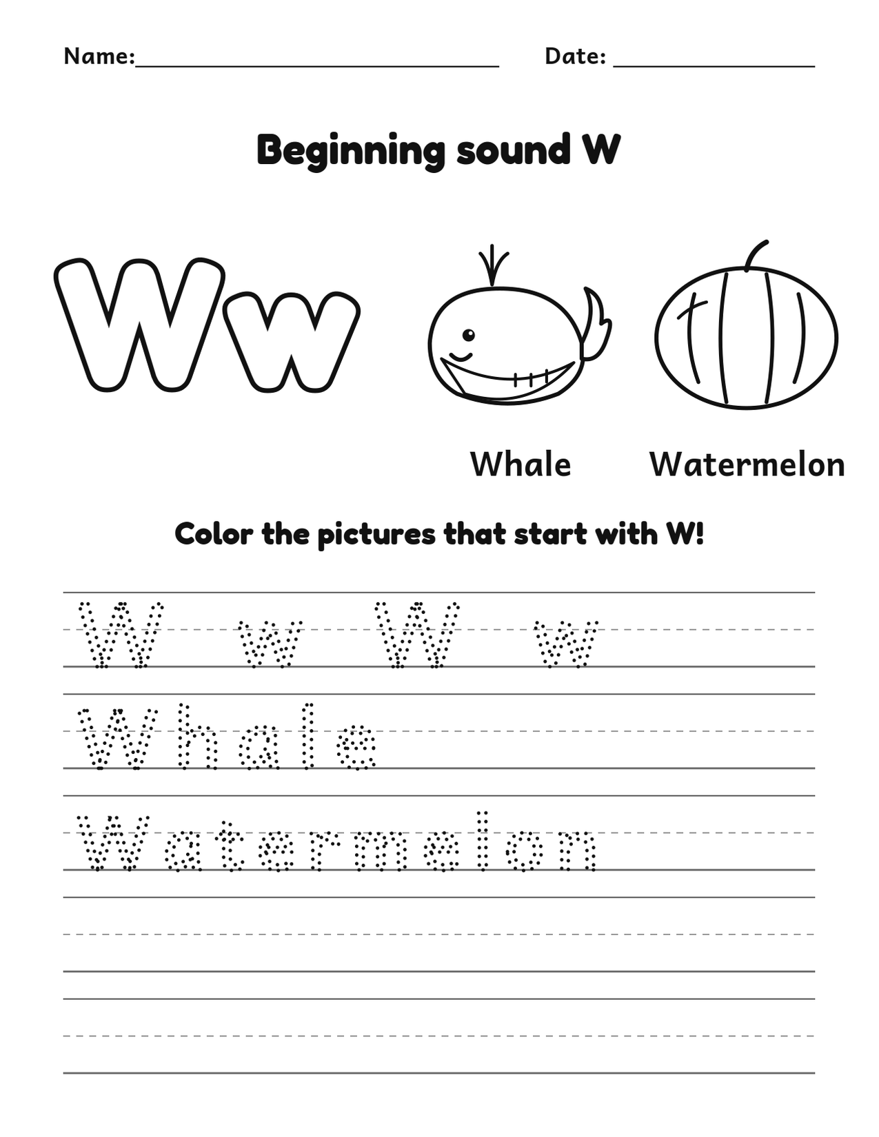 Beginning sound W alphabet worksheet with whale and watermelon pictures to color and trace