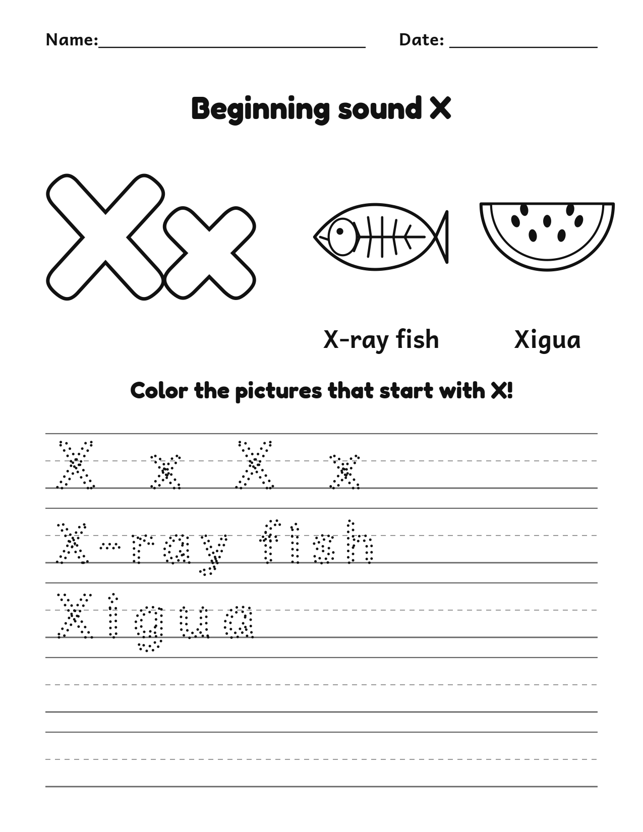 Beginning sound X alphabet worksheet with x-ray fish and xigua pictures to color and trace